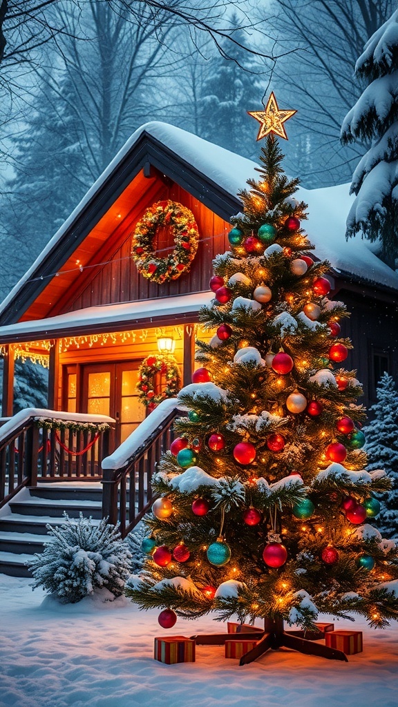 A cozy cabin with Christmas lights in a snowy landscape, featuring a decorated Christmas tree.